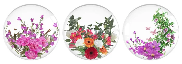Beautiful Fresh Flowers Floral Card Design Flower Arrangement Glass Sphere — Stock Photo, Image