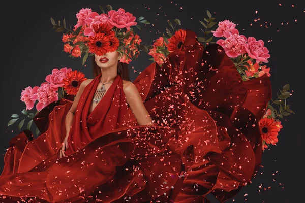 Streszczenie Współczesnej Surrealistycznej Sztuki Kolaż Portret Młodej Kobiety Kwiatami Ukrywa — Zdjęcie stockowe