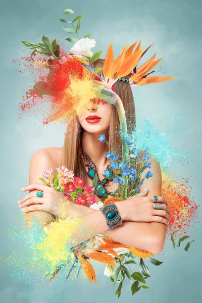 Retrato Abstracto Collage Arte Surrealista Contemporáneo Mujer Joven Con Flores — Foto de Stock