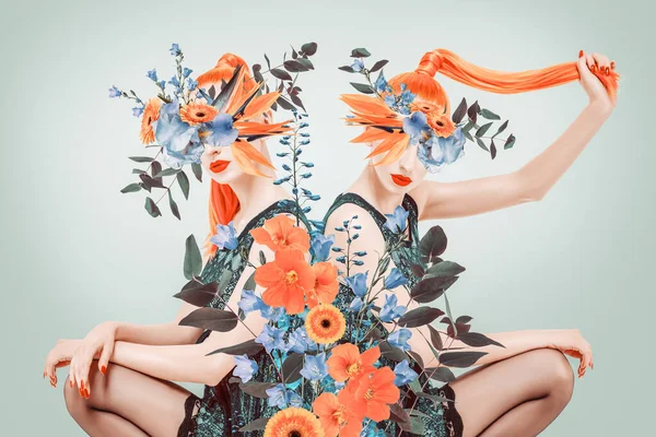 Streszczenie Współczesnej Surrealistycznej Sztuki Kolaż Portret Dwóch Młodych Kobiet Kwiatami — Zdjęcie stockowe