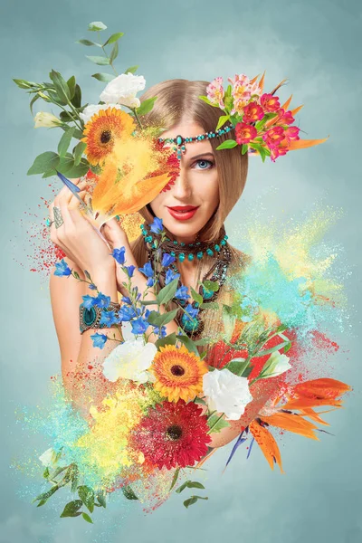 要旨現代のシュールなアートコラージュの肖像画 頭の周りに花やバースト色の粉を持つ若い女性 — ストック写真