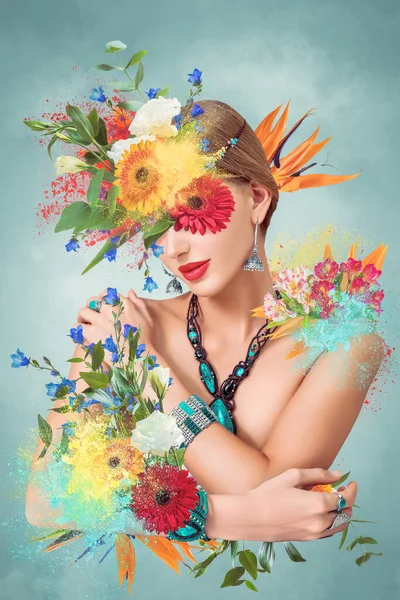 要旨現代のシュールなアートコラージュの肖像画 頭の周りに花やバースト色の粉を持つ若い女性 — ストック写真
