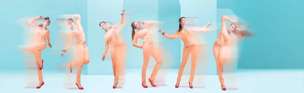 迷人的舞女 动作轨迹模糊的效果 身体的动态姿势 — 图库照片