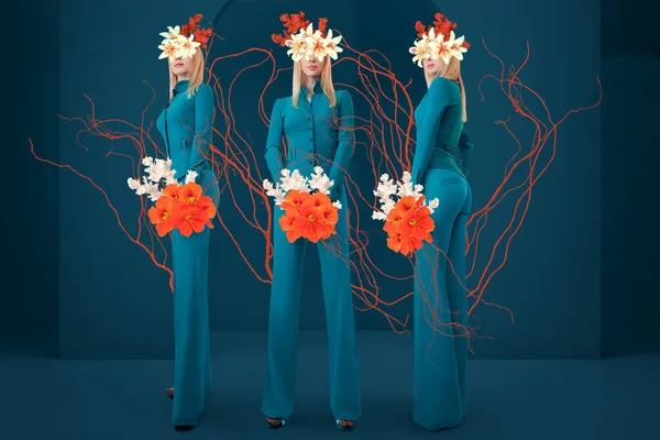 Abstract Hedendaagse Surrealistische Kunst Collage Portret Van Jonge Vrouw Groep — Stockfoto