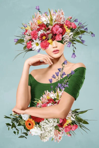 Streszczenie Współczesnej Sztuki Kolaż Portret Młodej Kobiety Kwiatami — Zdjęcie stockowe