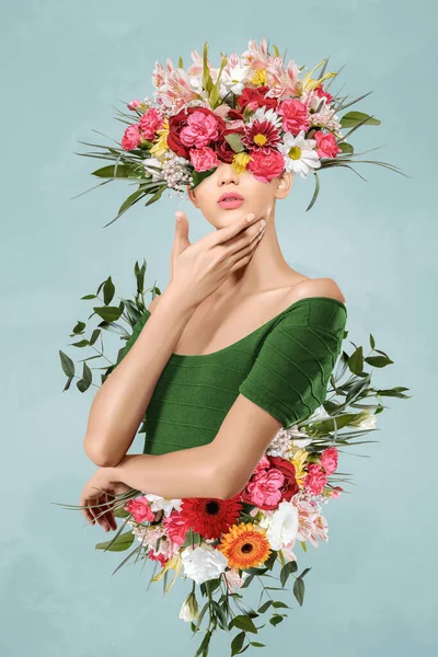 Abstract Hedendaagse Kunst Collage Portret Van Jonge Vrouw Met Bloemen — Stockfoto