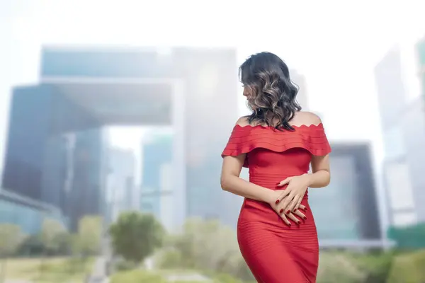 Elegant Asian Woman Stunning Red Dress Striking Pose Front Modern — Stock Photo, Image