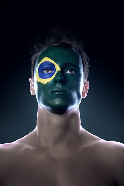 Soccer Fan Brazilian Flag Painted Face Ideal Sports Events Patriotic — Stock Photo, Image