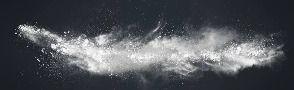 Wide Panoramic Abstract design of white powder snow cloud explosion on dark background.