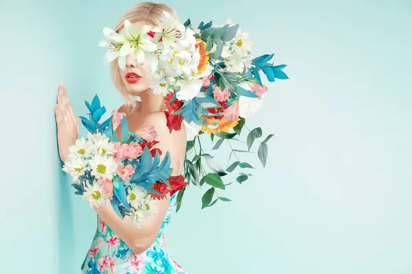 Abstract contemporary surreal art collage of young woman with flowers. Fashion portrait in summer style.