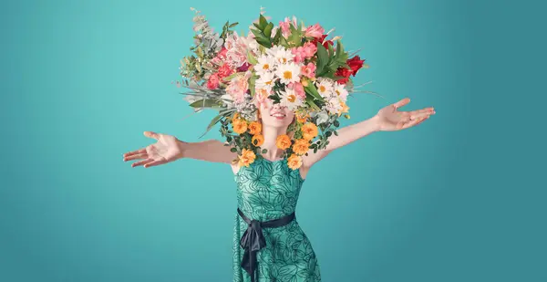Colagem Arte Surreal Contemporânea Abstrata Mulher Jovem Com Flores Retrato — Fotografia de Stock