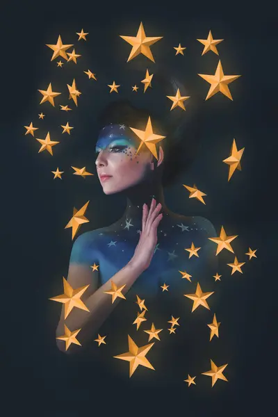 Mulher Como Lua Inspirou Bodyart Penteado Segurando Estrelas Mão Com Imagens De Bancos De Imagens Sem Royalties