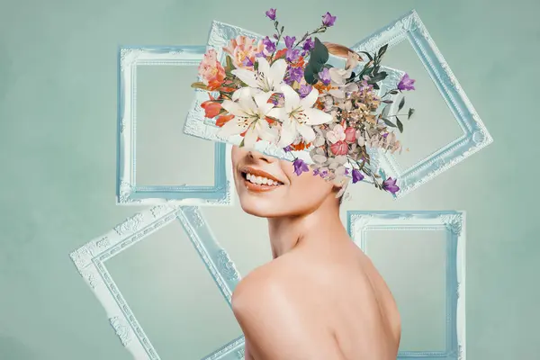 Streszczenie Współczesnej Surrealistycznej Sztuki Kolaż Portret Młodej Kobiety Kwiatami Zdjęcie Stockowe