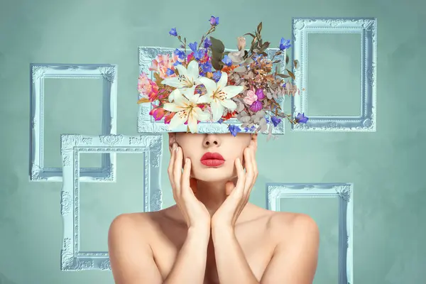 Retrato Abstracto Collage Arte Surrealista Contemporáneo Mujer Joven Con Flores Imagen De Stock