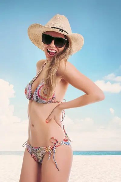 Smiling Young Woman Patterned Bikini Poses Sunny Beach Blue Sky Stock Photo