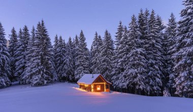 Yılbaşı fenerleri akşamları evi aydınlatır. Sarı çelenkler. Kış manzarası. Karla kaplı bir çayırda ahşap kulübesi olan bir panorama. Gizemli bir gece. Dağlar ve ormanlar.