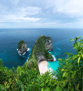 Tropical landscape. Summer view ocean on the gold sand beach. Green mountain. Kelingking Beach is an incredible little cove on Nusa Penida Bali island, Indonesia.