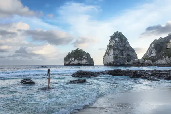 Uma Rapariga Fato Banho Está Sobre Pedra Vista Diamond Beach Imagens De Bancos De Imagens