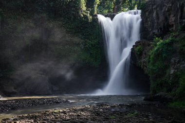 Ubud Şelalesi, Endonezya 'nın Bali adasında. Duvar kağıdı arka planı. Doğal bir manzara. Turistik tatil köyü. Tropikal fotoğraf.