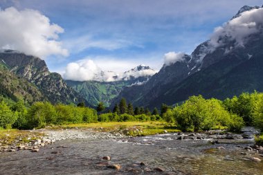 Renkli taşlarla dolu nehir akıntısı. Beyaz tepeleri ve ormanları olan dağlar. Yaz manzarası. Bulutlu mavi gökyüzü. Buzullu bir fotoğraf. Yukarı Svaneti, Gürcistan, Avrupa.