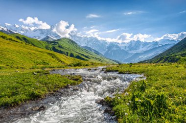 Renkli taşlarla dolu nehir akıntısı. Beyaz tepeleri ve ormanları olan dağlar. Yaz manzarası. Bulutlu mavi gökyüzü. Buzullu bir fotoğraf. Yukarı Svaneti, Gürcistan, Avrupa.