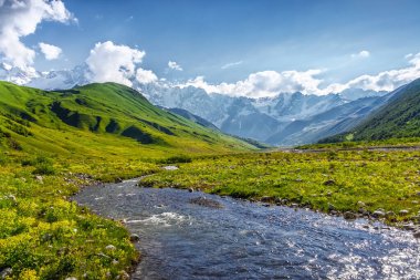 Geniş nehir akıntısının panoramik manzarası renkli taşlarla dolu. Beyaz kar tepeleri, yeşil çayırlar ve bulutlu gökyüzü olan dağlar. Buzullu bir fotoğraf. Yukarı Svaneti, Gürcistan, Avrupa. Mutlu bir yaşam tarzı. Güzel evren.