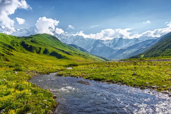 Geniş nehir akıntısının panoramik manzarası renkli taşlarla dolu. Beyaz kar tepeleri, yeşil çayırlar ve bulutlu gökyüzü olan dağlar. Buzullu bir fotoğraf. Yukarı Svaneti, Gürcistan, Avrupa. Mutlu bir yaşam tarzı. Güzel evren.
