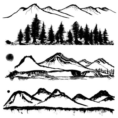 Dağ ve orman. el çizimi çizimleri.