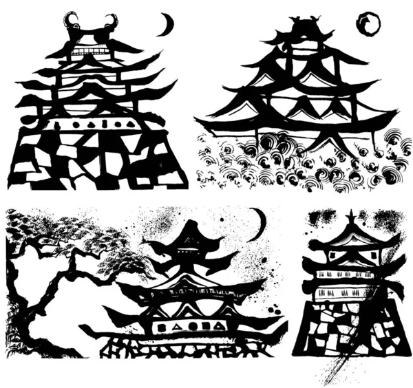Japońskie Zamki Ilustracja Pociągnięcia Pędzla — Wektor stockowy