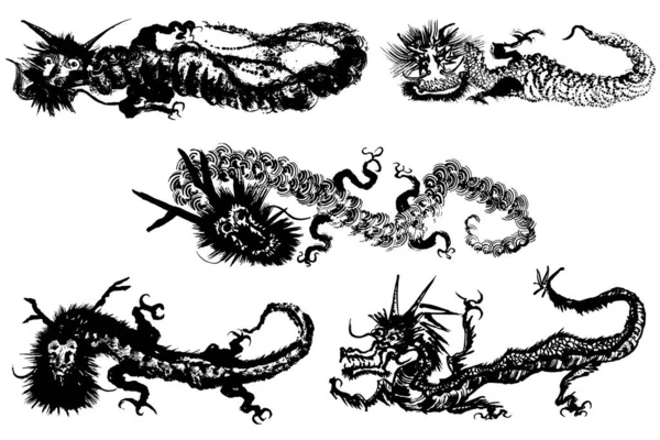 Conjunto Dragones Ilustración Trazo Cepillo Arte Tinta — Vector de stock
