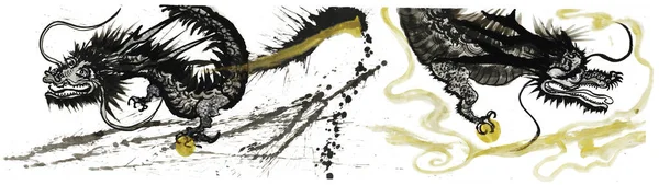 Дракони Ілюстрація Мазків Пензлем Чорнильне Мистецтво Векторна Графіка