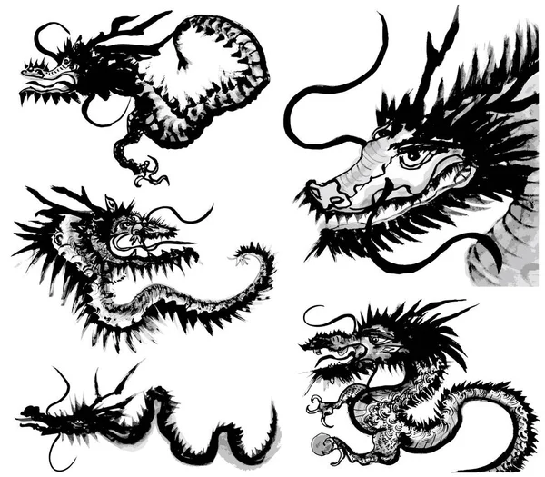 Conjunto Dragões Ilustração Pincelada Ilustração Desenhada Mão Vetor De Stock