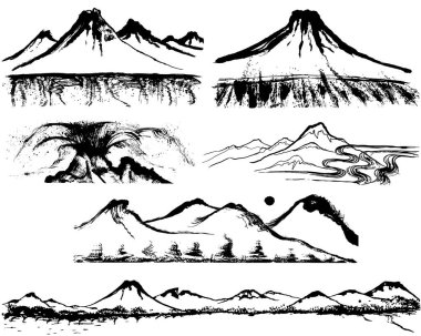 Bir dizi dağ çizimleri. el çizimi çizimleri.
