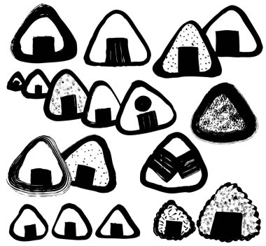 El çizimi onigiri simgesi seti. Japon pirinç topları mürekkep fırçası stilinde.