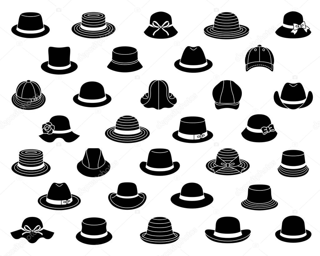 Collection of hat icons.  men's and women's headwear.