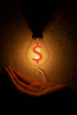 Bir dolar işareti olan ampulün ışığını engelleyen bir el. işletme para koruma kavramı.