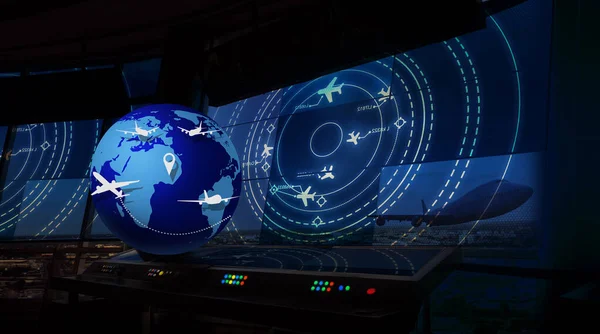 A global logistics delivery management system with aircraft simulated screens showing various flights for transport and passengers.3D illustration