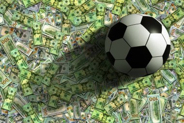 Bir futbol topu bir yığın banknotun üzerine oturur ve gölgeler bırakır. İş, finans ve spor kavramı.