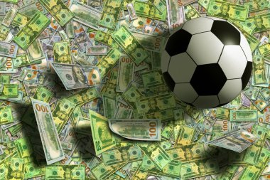 Bir futbol topu bir yığın banknotun üzerine oturur ve gölgeler bırakır. İş, finans ve spor kavramı.