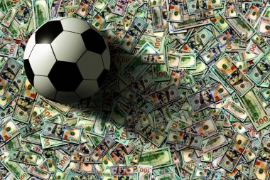 Bir futbol topu bir yığın banknotun üzerine oturur ve gölgeler bırakır. İş, finans ve spor kavramı.