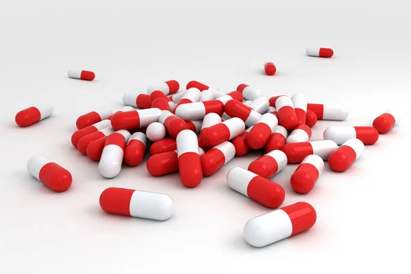 Rote Pillen Auf Weißem Hintergrund Schließen Das Bild Illustration Stockbild