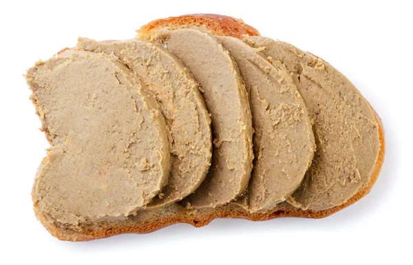 stock image Pate on bread close-up on a white background. Top view