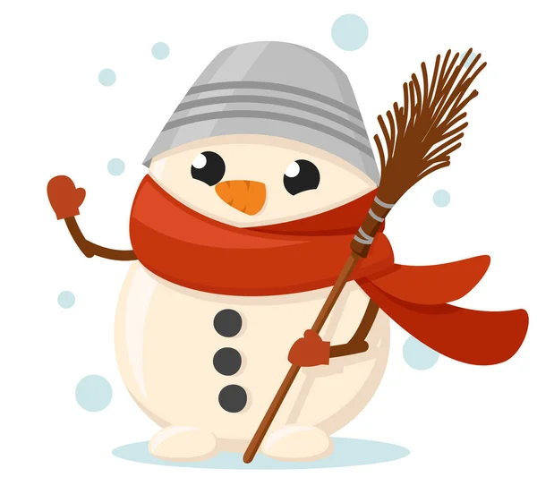 Χιονάνθρωπος Μια Σκούπα Κουνώντας Χέρι Του Λευκό Φόντο Χριστουγεννιάτικος Χαρακτήρας — Διανυσματικό Αρχείο