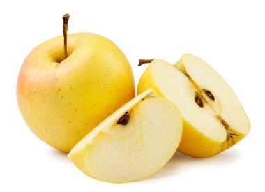 Sarı elma, yarısı ve yakın plan beyaz arka plan. İzole edilmiş