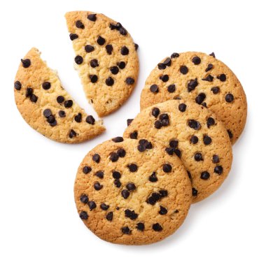 Chocolate chip cookie broken in half close-up on a white background. Top view