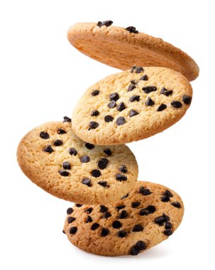 Chocolate chip cookie flying close-up on a white background. Isolated