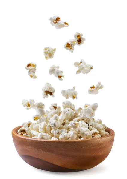 Popcorn Tombe Dans Une Assiette Bois Sur Fond Blanc Isolé — Photo