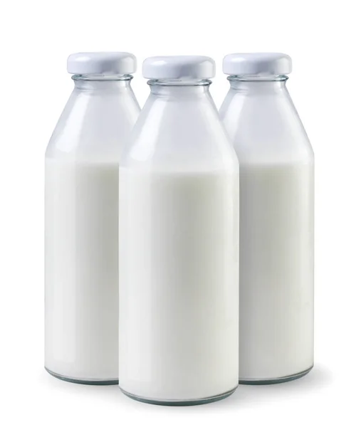 Melk Flessen Close Een Witte Achtergrond Geïsoleerd — Stockfoto