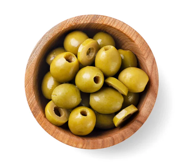 Zelené Olivy Dřevěné Desce Bílém Pozadí Horní Pohled — Stock fotografie
