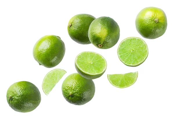 Set Limes Slices Flying White Background Isolated — Stock Photo, Image